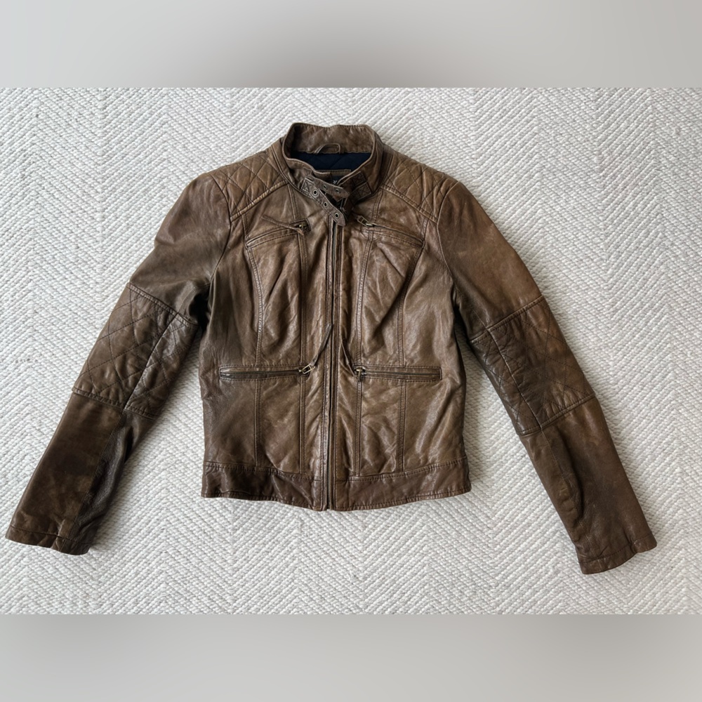 Blanc Noir Fitted and Lined Brown Leather Moto Jacket sz Small